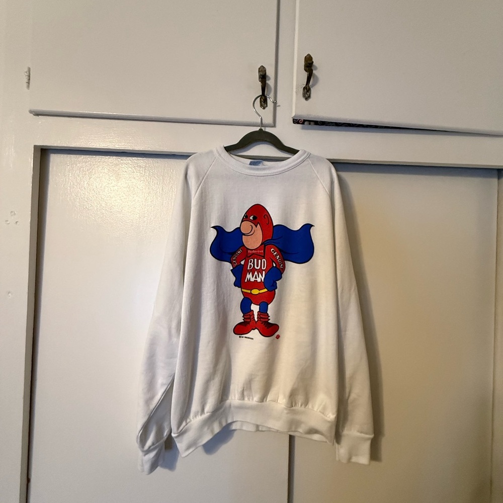 White Sweatshirt with Bud Man Graphic